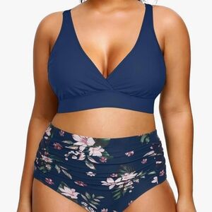 Blue Flower High Waist Bikini Set